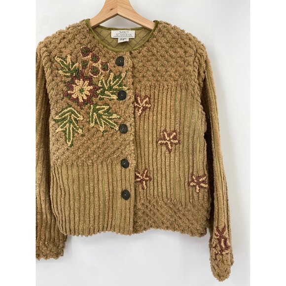 Vintage Sweaters - Vintage Sandy Starkman Cardigan Jacket Small Green Embroidered Chenille Floral